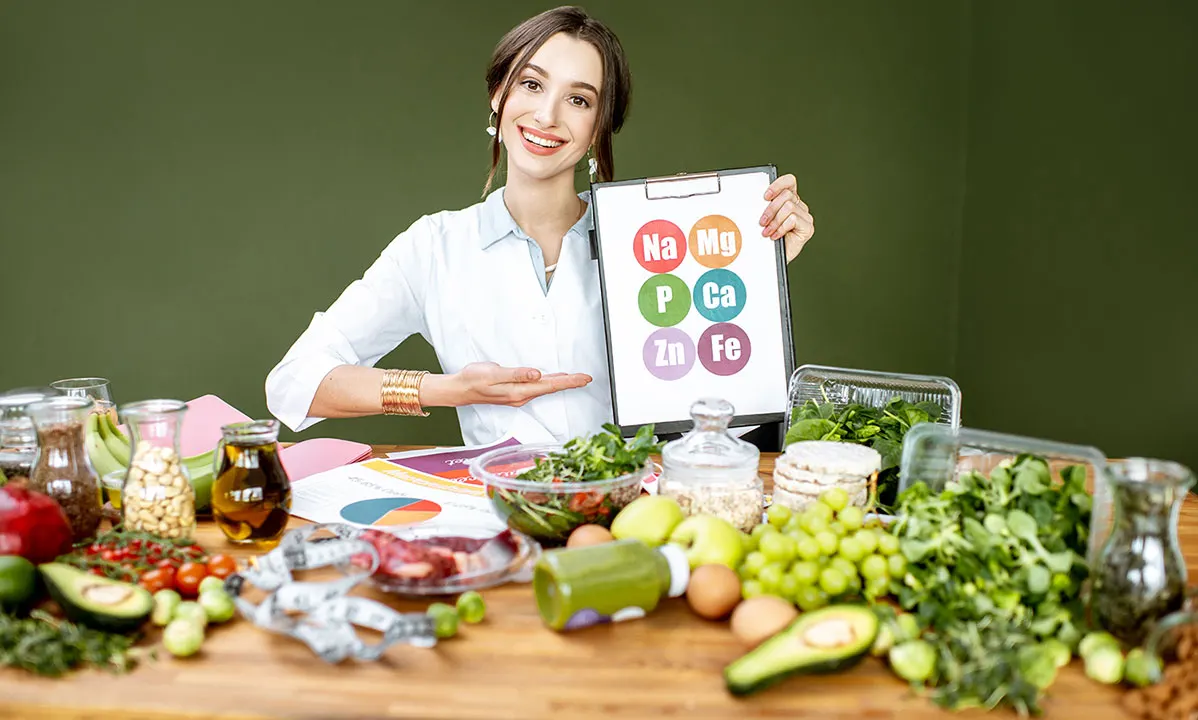 Specialistă în nutriție care analizează o schemă de vitamine și suplimente alimentare
