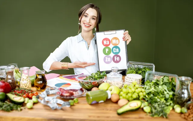 Specialistă în nutriție care analizează o schemă de vitamine și suplimente alimentare